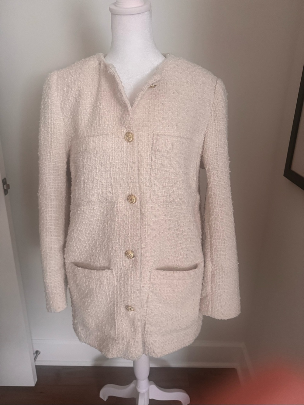 Women's Cream Bouclé Blazer/Jacket - Elegant Button Front Coat - Picture 2 of 5